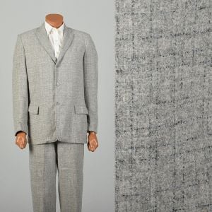 40R 1950s Suit Grey Blue Fleck Jacket Belt Back Pants Dropped Belt Loop