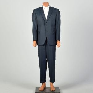 44L 1960s 2pc Suit Blue Herringbone 2 Button Slim Lapel Flat Front Pants Richman Brothers - Fashionconservatory.com