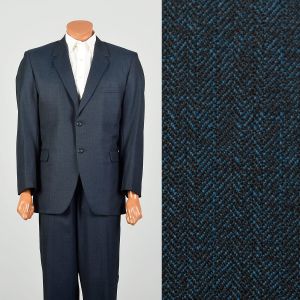 44L 1960s 2pc Suit Blue Herringbone 2 Button Slim Lapel Flat Front Pants Richman Brothers