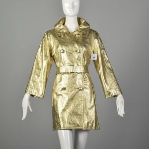 Small 1960s Metallic Gold Leather Mini Trench Coat Jacket Mod Bond Girl 