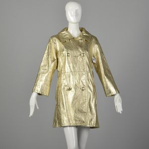 Small 1960s Metallic Gold Leather Mini Trench Coat Jacket Mod Bond Girl  - Fashionconservatory.com