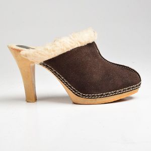 Size 8 1970s High Heel Suede Mules Faux Shearling Lining Hippie Boho Slip-On Shoes