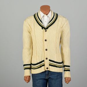 Medium 1960s Sweater Green Yellow Knit Ivy League Shawl Collar