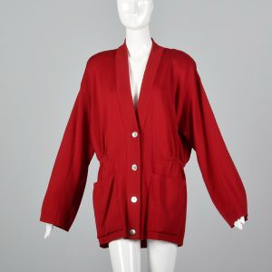 Large 1980s Oversized Cardigan Red Knit Sweater