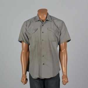 XL 1960s Mens Work Shirt Distressed Short Sleeve Patch Pockets Sanforized Gray Button Down