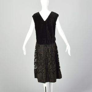 Medium 1920s Little Black Dress Drop Waist Floral Eyelet Lace Skirt Sleeveless Velvet Top - Fashionconservatory.com