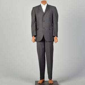 1960s Gray Suit Three Roll Two Slim Lapel Jacket Flat Front Tapered Leg Cuffed Pants