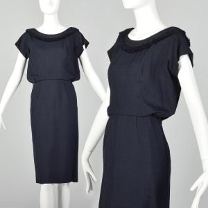 Small 1950s Suzy Perette Dress Navy Blue Blouson Fringe Collar Pencil Skirt Low Back