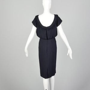Small 1950s Suzy Perette Dress Navy Blue Blouson Fringe Collar Pencil Skirt Low Back - Fashionconservatory.com