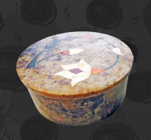 Soap Stone Trinket Box with Gemstone & Mother Of Pearl Inlay, 70s Boho Vanity Decor Accessory