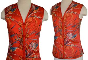 90s Peony Brand Red Silk Satin Abstract Print Asian Silk Vest, Made in Shanghai China, Size XS - Fashionconservatory.com