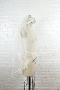 vintage 1970s medium length veil with lace and bridal cap hippie style - Fashionconservatory.com