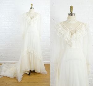 1970s Victorian style lace wedding dress with high neck . 70s gown with bishop sleeves . x small 