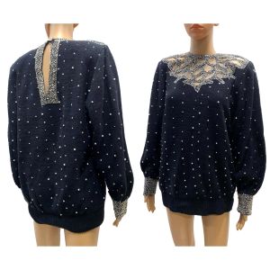 80s Black Trophy Statement Sweater with Beading and Pearls