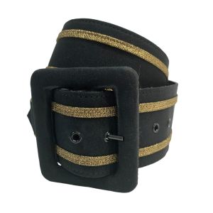 70s 80s Glam Wide Black Fabric Belt with Gold Stripe & Large Buckle  - Fashionconservatory.com
