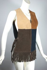 Color-blocked suede fringed 1960s vest tabard top XS-S - Fashionconservatory.com