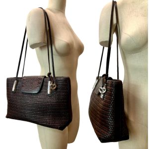 Vintage Brown Woven Leather Tote / Shoulder Bag with Silver & Croc Stamp Flap - Fashionconservatory.com