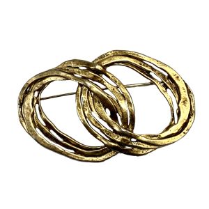 80s 90s Large Brutalist Gold Tone Double Ring Brooch