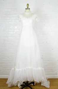 1970s white bohemian lace short sleeve wedding dress with empire waist train . xsmall - Fashionconservatory.com