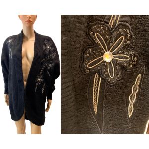 80s Black Mohair Blend Sweater Coat Cardigan  - Fashionconservatory.com