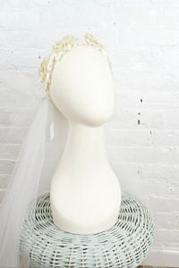 1980s beaded floral bridal crown wreath with long tulle veil - Fashionconservatory.com