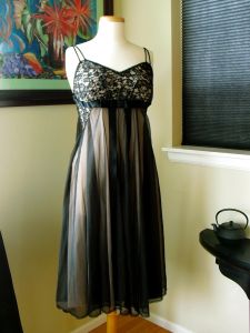 1960s Black Illusion Lace Vanity Fair Negligée Nightgown or Nightdress - Size 36 or M
