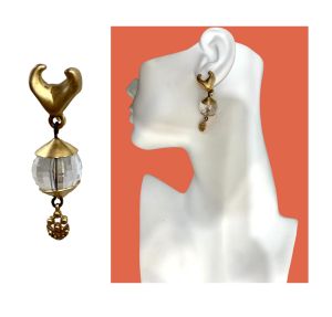 90s DKNY Luxe Matte Gold & Crystal Ball Dangle Earrings | Clip On