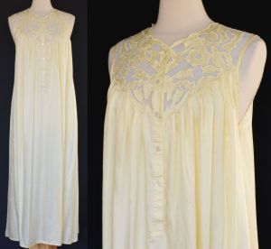 80s Silk Satin Nightgown with Appliqued Bodice By Li Yang , Ankle Length, Off White, Size Large