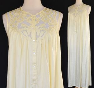 80s Silk Satin Nightgown with Appliqued Bodice By Li Yang , Ankle Length, Off White, Size Large - Fashionconservatory.com