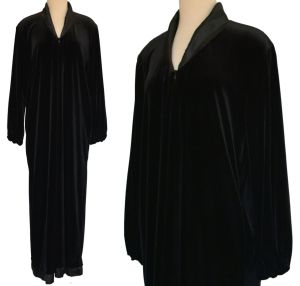 Diamond Tea Black Velvet Zip Front Kaftan, Dressing Gown, Robe, Satin Trim, Large to Extra Large