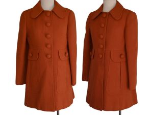 60s Mod Coat, Orange Nubby Wool, Made in England, Mansfield Original by Frank Russell, Size Small