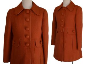 60s Mod Coat, Orange Nubby Wool, Made in England, Mansfield Original by Frank Russell, Size Small - Fashionconservatory.com