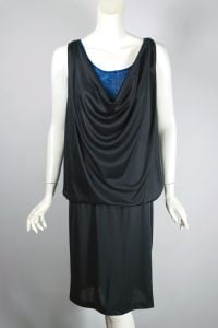 Deadstock 80s dress drop waist draped black jersey blue stripe
