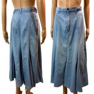 70s 80s High Waist Denim Midi Skirt w Flared Hem