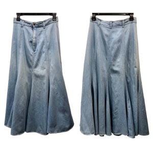 70s 80s High Waist Denim Midi Skirt w Flared Hem - Fashionconservatory.com
