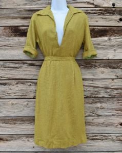 Vintage 1960s Lon of Arizona Pear Green Woven Sheath Dress with Detached Waist Tie