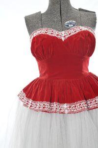 50s Red Velvet White Tulle Boned Shelf Bodice Winter Ballgown - Fashionconservatory.com