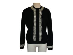 1950s Hand Beaded Black Cashmere Angora Blend Cardigan Sweater, Made in Hong Kong, Size XL