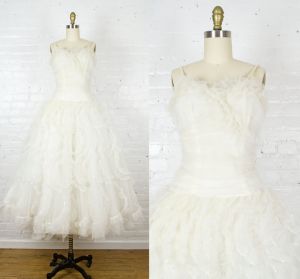 Kasimera 1950s prom dress tea length tulle and sequins white dress . 50s cupcake dress . small med
