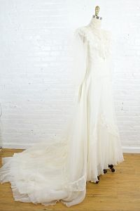 1970s Victorian style lace wedding dress with high neck . 70s gown with bishop sleeves . x small  - Fashionconservatory.com