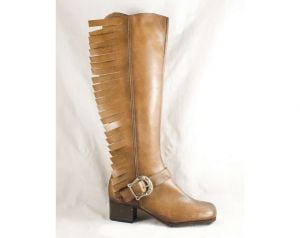 Size 5 Tan Western Boots with Big Fringe - Unworn 1960s Deadstock - Country Rock Star Style Cowgirl  - Fashionconservatory.com