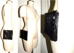 Vintage Black & Gold Beaded Evening Bag  | Disco Gold Chain Small Square Shoulder Bag | 5.5'' x 6'' - Fashionconservatory.com