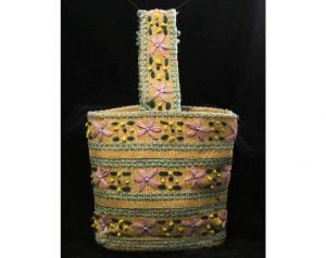 Charming Purple & Blue Embroidered Tote Bag - Tan Burlap with Wool Yarn Embroidery - 50s 60s Handbag
