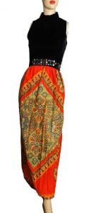 Vintage 60's Maxi Dress Hostess Gown/Black Velvet Halter Top & Red Print Skirt w/Jeweled Belt | XS - Fashionconservatory.com
