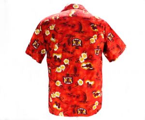 Men's Small Aloha Shirt - 50s Red Hawaiian Cotton Shirt - 1950s 60s Label - Hawaii Crest Map Novelty - Fashionconservatory.com