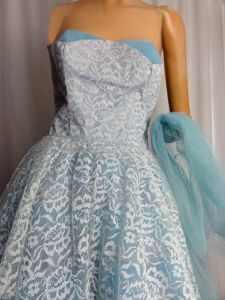 Baby Blue Vintage 1950s Strapless Ball Gown Tulle Net Lace Prom Dress | XS - Fashionconservatory.com