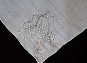 Embroidered 40s Handkerchief - Sheer Fine White Cotton with Bride's Basket Embroidery - Pretty 1940s - Fashionconservatory.com