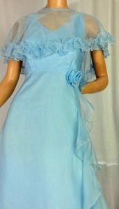 Vintage 70s Formal Baby Blue Prom Dress Ball Gown w/Sheer Cape Jacket Bridesmaid 70s - Fashionconservatory.com