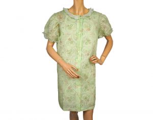1960s Nightie Peignoir Set Green w Floral Pattern Cotton Blend - Size Large - Fashionconservatory.com