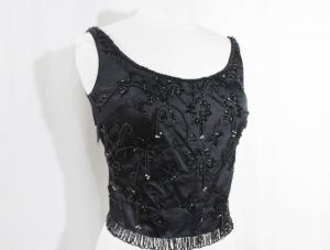 Size 10 Beaded Formal Top - Marilyn Chic 50s 60s Evening Cocktail Party Black Satin Sleeveless 